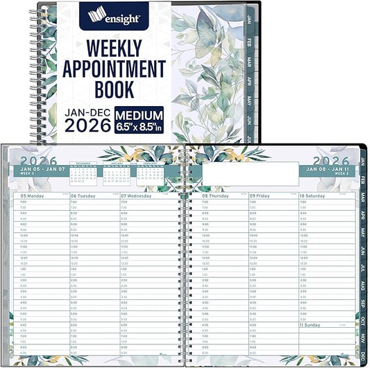 Ensight 2026 Appointment Book and Planner Ensight 6.5 x 8.5 inches Large Tabbed Daily Hourly Weekly Planner Calendar Schedule Book 30 Minute time Slots Jan 2026 Dec 2026 Floral
