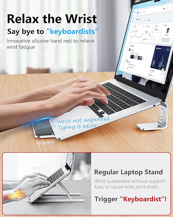 NTMY Laptop Stand for Desk with Wrist Rest Pad, Aluminum Computer Stand for Laptop, Ergonomic Laptop Stand Riser for MacBook/HP/Dell/Acer/Lenovo 10-17.3'' - Silver