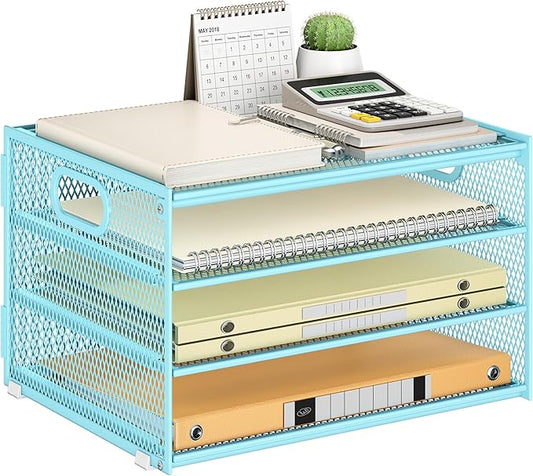 Subekyu Paper Letter Tray Organizer for Desk, Blue Metal Mesh Desk File Sorter Organizer with Handle and 2 Sliding Trays for Home Office School Supplies Organization