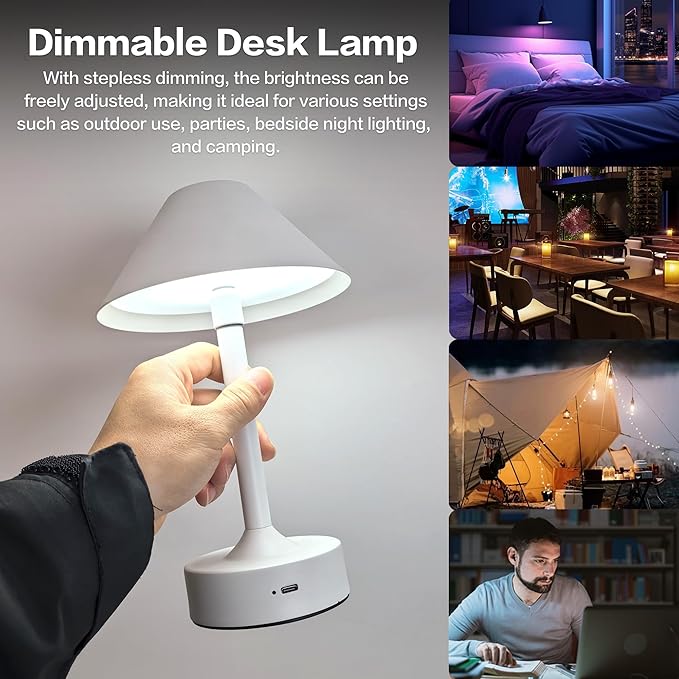 Cordless Table Lamp - Rechargeable Night Light with 2000mAh Battery, Touch Control, Dimmable White/Warm/Neutral Light, Adjustable Height, USB Charging, Ambient LED Bedside Lamp (White)