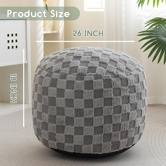 HIGOGOGO Round Stuffed Pouf Ottoman, Plaid Poufs with Foam Chunk Filling, Fluffy and Furry Pouf Foot Stool Storage Ottoman, 26 X 18 Floor Poufs Foot Rest for Living Room, Grey