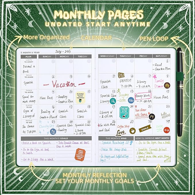 2025 Undated Academic Planner Hardcover (5.5x8.5") - Flexible Weekly & Monthly Organizer with Stickers, Productivity Journal for Students & Professionals(Dark Green)