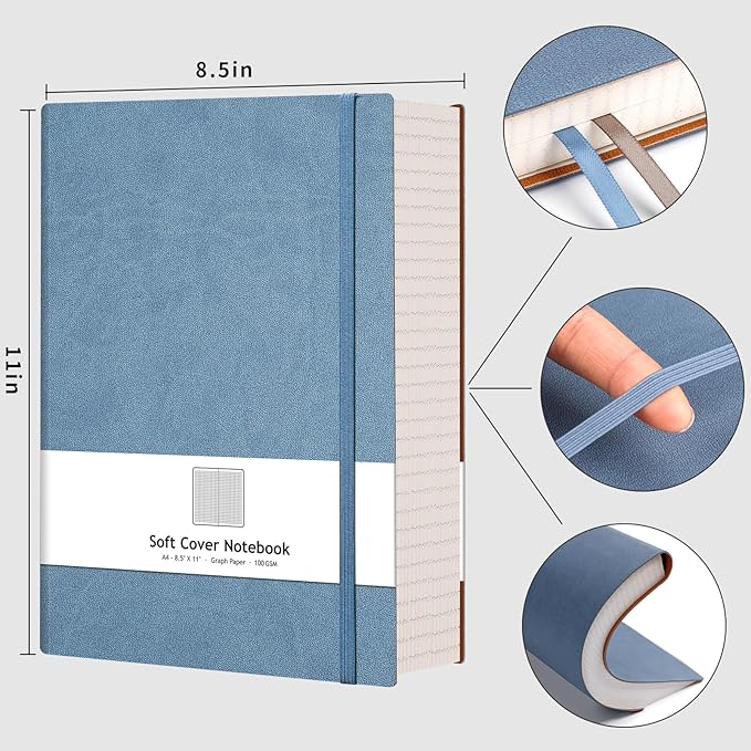 AHGXG Graph Paper Notebook - Grid Paper Notebook Large A4 8.5''×11'', 320 Pages Thick Journal, 100gsm Thick Graph Paper, Leather Softcover, Inner Pocket - GrayBlue