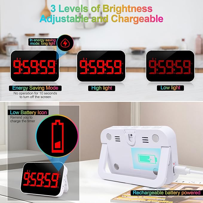 Digital Kitchen Timer, Rechargeable Magnetic Timer with Countdown/up, 5”LED Large Display 3 Brightness 4 Volume Adjustable for Cooking and for Seniors and Kids to Use-Red