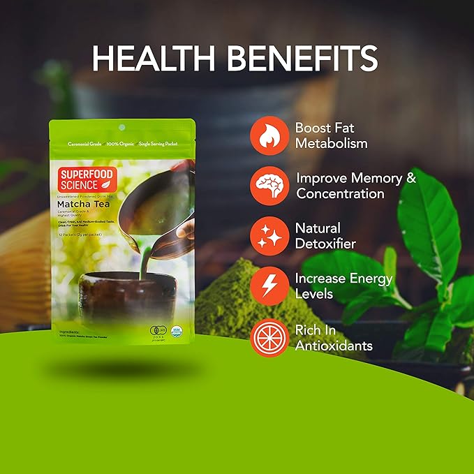 Matcha Ceremonial Grade, Pure Uji Matcha Powder Organic, 12 Unsweetened Organic Japanese Tea Packets, ECGC, L-Theanine, Chlorophyll in Green Vibrance Powder, Tasty Hot and Ice Green Tea, 2 g/packet