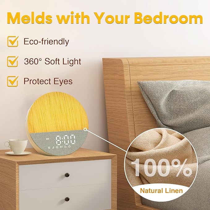 Sunrise Alarm Clock with Sound Machine: Wake Up Light Gently to Gradual for Heavy Sleepers Sunlight Alarm with Bluetooth & Memory for Bedroom - White Noise Machine with 30 Sleep Relax Sounds - Beige