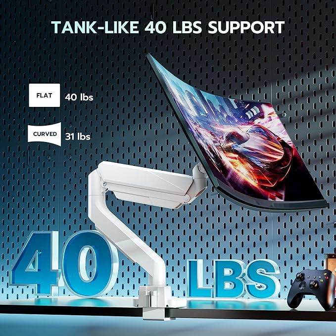 ARES WING Single Monitor Arm, Heavy Duty Adjustable Monitor Arm for 13"-49" Screens with USB, Gas Spring Desk Mount Stand with C Clamp/Grommet Mounting Base up to 40lbs Computer, White