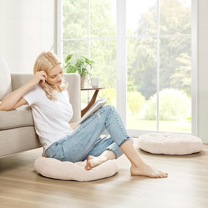 Degrees of Comfort Meditation Floor Pillow, Round Large Pillows Seating for Adults, Tufted Corduroy Cushion for Living Room Tatami, Beige 22 Inch