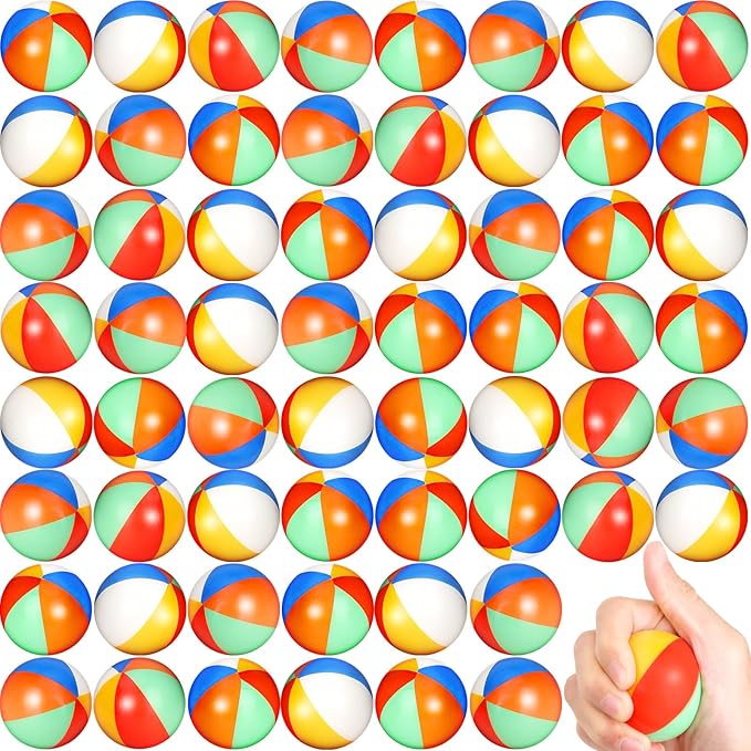 60 Pcs Beach Stress Balls Bulk 2.5" Mini Relief Stress Ball Pu Foam Squeezy Balls Summer Swimming Pool Game Toy Rainbow Beach Ball for Hawaiian Beach Birthday Party Favor School Carnival Reward