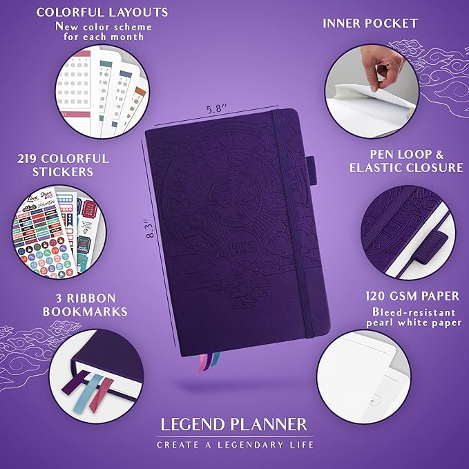 Legend Weekly Colorful Planner 2nd Edition – Undated Life & Work Agenda Journal for Time Management, Goal Setting, Productivity, Tasks & To Do Lists – A5 size, 5.8 ″ x 8.3″, Hardcover – Purple