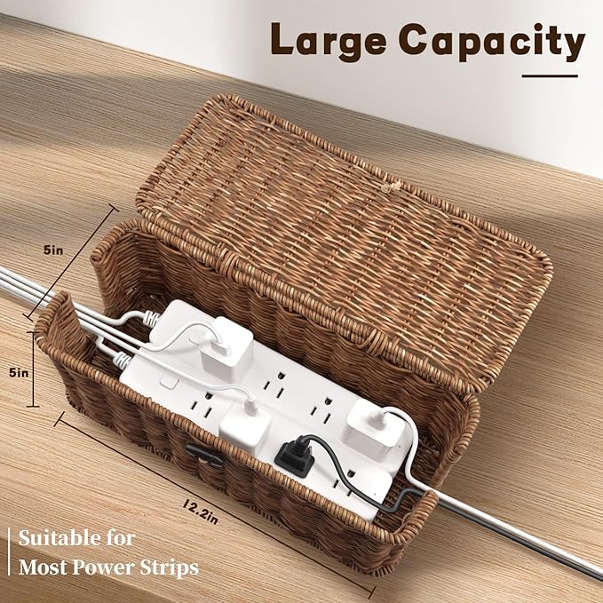 Handmade Cable Management Box – Stylish & Functional Cable Organizer with 2 Open Slots for Home & Office, TV Wires Computer Router USB Hub & Power Strip Rattan Cord Hider Box (Brown)