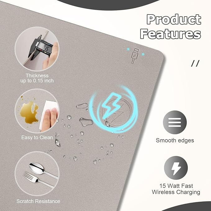 Wireless Charging Mouse Pad Firelison 2 in 1 Leather Multifunctional Office Desk Pad with Non-Slip Rubber Base, Waterproof Desk pad for Computers/Office/Work/Home/Decor（ 36" x 17"Grey - R）