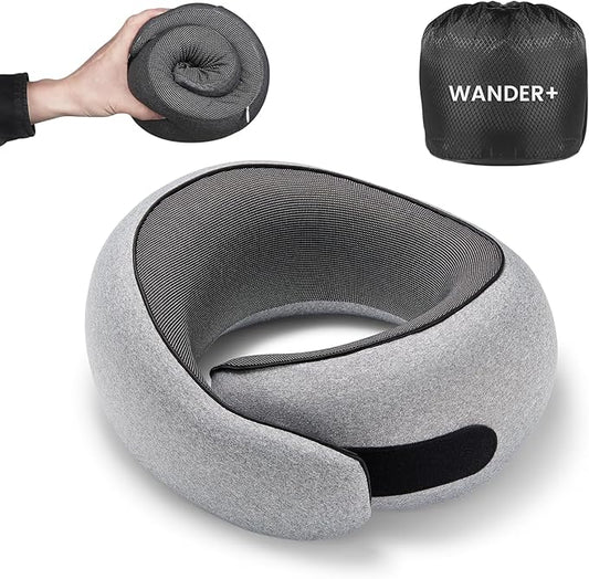 WANDER PLUS® Travel Pillow, 100% Pure Memory Foam Travel Neck Pillow Airplane Neck Support Ergonomic Design Best for Sleeping Plane Car Train Office Flight for Adults Grey