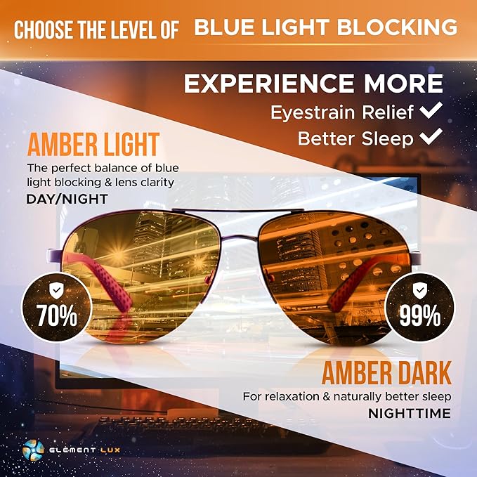 Blue Light Blocking Glasses Amber Lenses - For Better Sleep, Gaming, Eye Strain, Computer