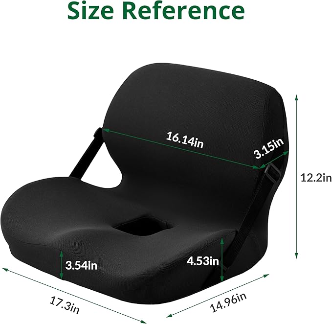 Memory Foam L-Shaped Seat Cushion with Lumbar Support & Adjustable Strap - Tailbone Pain Relief for Office Chair, Car, Home - Non-Slip Bottom, Breathable Mesh Cover (Black)