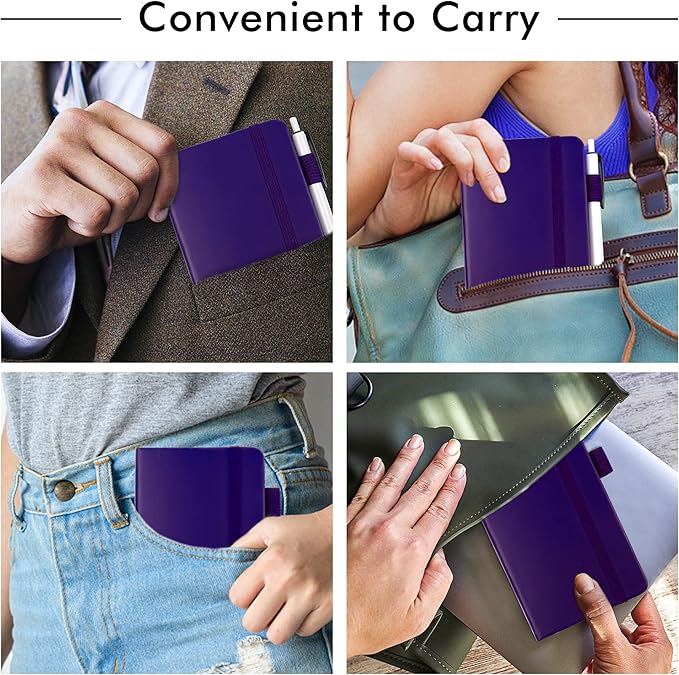 feela 3 Pack Pocket Notebook Journals, Mini Cute Small Journal Notebook Bulk Hardcover College Ruled Notepad with Pen Holder for Office School Supplies, with 3 Black Pens, 3.5”x 5.5”, A6, Purple