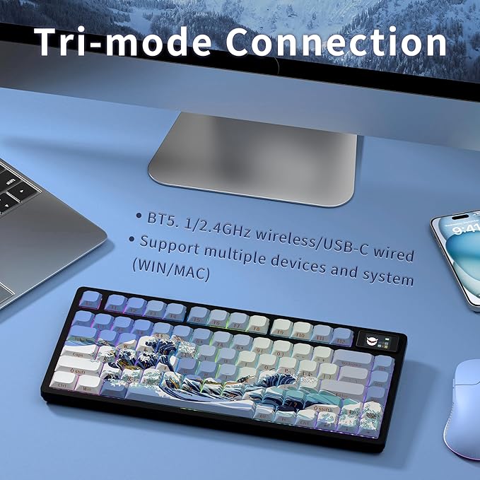 HITIME XVX 75% Keyboard with Color Smart Display, L75 Pro Low Profile Gasket Mechanical Gaming Keyboard, Bluetooth 5.1/2.4G Wireless/Type-C Wired Custom Keyboard with RGB Backlit, Blue Kanagawa Theme