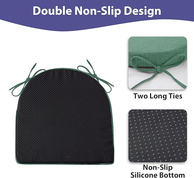 Chair Cushions for Dining Chairs with Ties and Removable Cover, Dining Kitchen Chair Pads with Non-Slip Bottom, High-Resilience Indoor Seat Cushions, 16'' x 16'' x 2'', Set of 2, Dark Green