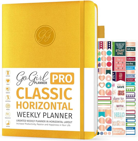 GoGirl Planner PRO - Undated Horizontal Layout Weekly Planner and Organizer + Budgeting and Expense Tracking Pages, Goals Journal & Agenda, 7" x 10" Hardcover, Lasts 1 Year - Amber Yellow