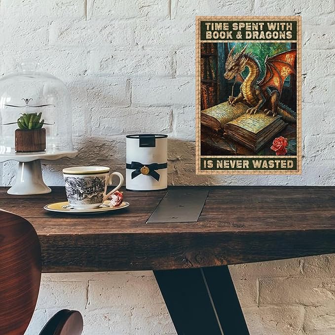 500 Piece Difficult Wooden Jigsaw Puzzle Spent with Books and Dragons is Never Wasted Adults & Kids Educational Family Game Stress Relief Quiet Play Home Decor 20.4x15 Inch