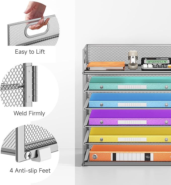 6 Tray Paper Organizer Letter Tray with Handle - Mesh Desk File Folder Holder, Paper Sorter for Office, Home or School - Silver