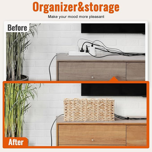 Posprica Cable Management Box with Lid, 2 Pack Handwoven Faux Ratten Cord Hider Organizer Boxes, 2 Side Open Slots Storage Box to Hide Cords and Power Strip for Desk, Floor, Office