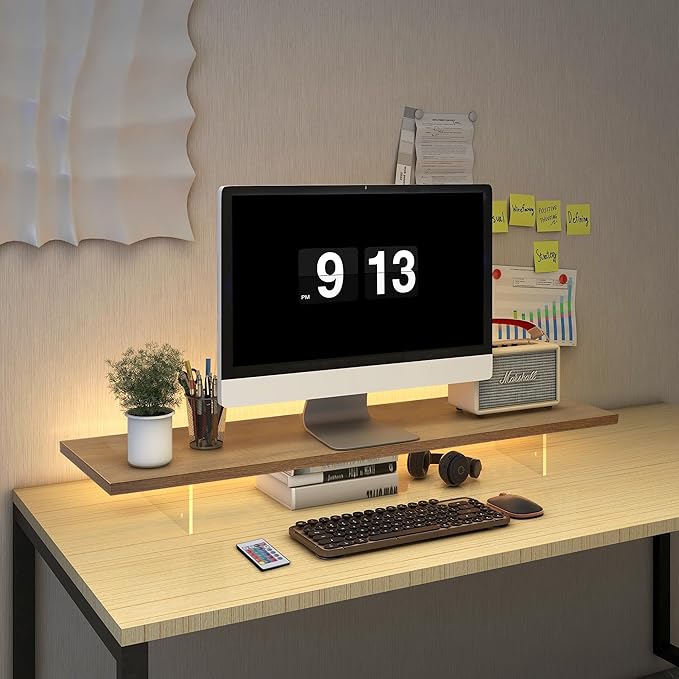 Monitor Stand Riser,Wood & Acrylic Computer Monitor Stand with LED Light,Desk Accessories Desktop Organizer Stand for Computer,Laptop,Printer,PC & TV Screen