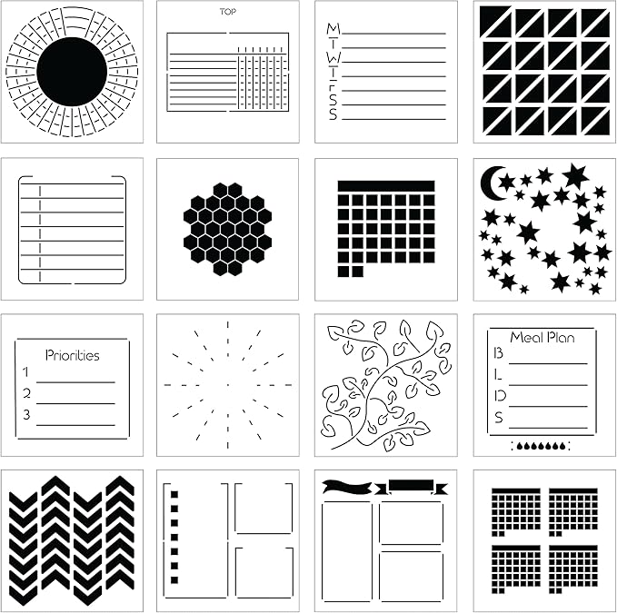 Portable Planner Stencils - x16 Small Square Journal Stencils with Templates for Habit Trackers, Calendars, Checklists, Meal Plans - Journaling Supplies Kit & Planner Accessories for Bullet Journals