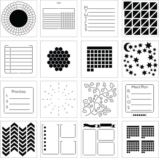 Portable Planner Stencils - x16 Small Square Journal Stencils with Templates for Habit Trackers, Calendars, Checklists, Meal Plans - Journaling Supplies Kit & Planner Accessories for Bullet Journals