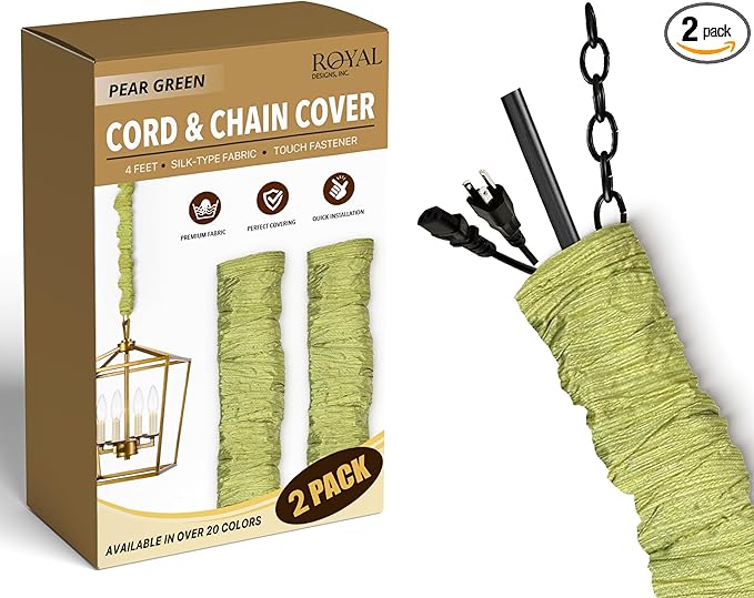 Royal Designs, Inc. Cord & Chain Cover 4 ft Silk Type Fabric, Chandelier Pendant Lighting Chain & Cable Management, Touch Fastener, Pear Green - 2 Pack