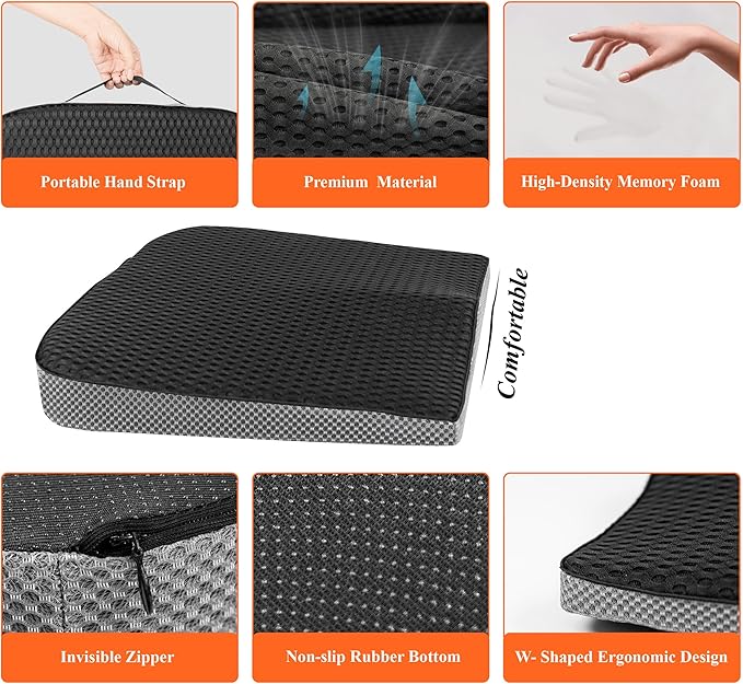 kingphenix Premium Car Seat Cushion, Memory Foam Driver Seat Cushion to Improve Driving View- Coccyx & Lower Back Pain Relief - Seat Cushion for Car, Truck, Office Chair (4D Mesh Classic Black)