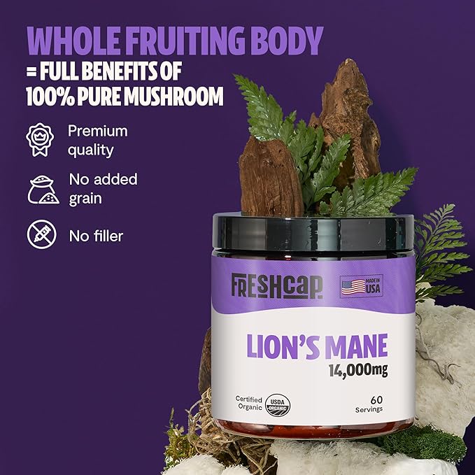 FreshCap Mushrooms Lions Mane Supplement Powder 14,000mg - Lions Mane Extract, Mushroom Supplement for Focus & Memory, Organic Lions Mane Powder (60 Servings)
