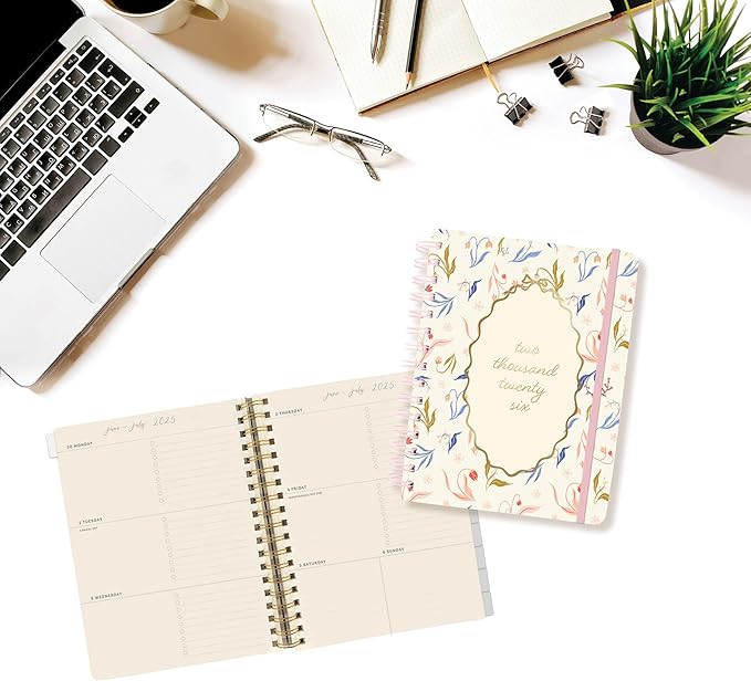 18 Month Planner/Calendar by Graphique, July 2025 – Dec. 2026 White Floral Hardbound Spiral Planner, Monthly Tabs, Holidays, Reminder Stickers, 6” x 8”