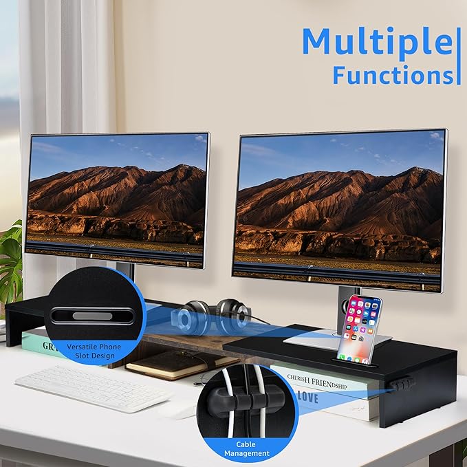Dual Monitor Stand Riser for 2 Monitors, Monitor Stand for Desk, Adjustable Length Swivel Angle Wooden Desktop Organizer Stand Riser with Smartphone Holder for PC Monitor, Rustic Brown