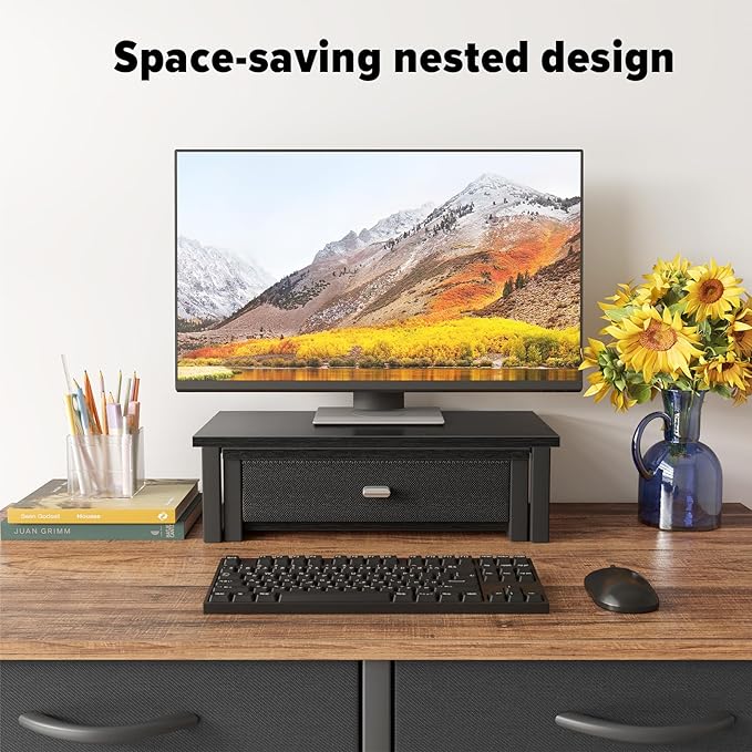 WOHOMO Dual Monitor Stand Riser with Drawers, Desk Organizers for 2 Monitors, Desktop Storage Stand for Computer,Laptop,Black