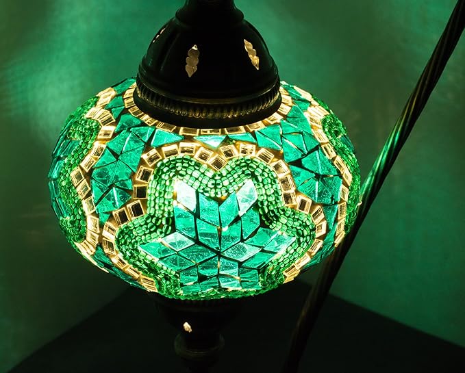 mozaist Turkish Mosaic Swan Neck Table Lamp, Moroccan Tiffany Style Turquoise Handmade Stained Glass Bedside Nightstand, Home Decor Gooseneck Boho Light with E12 Socket & US Plug (Emerald Teal)
