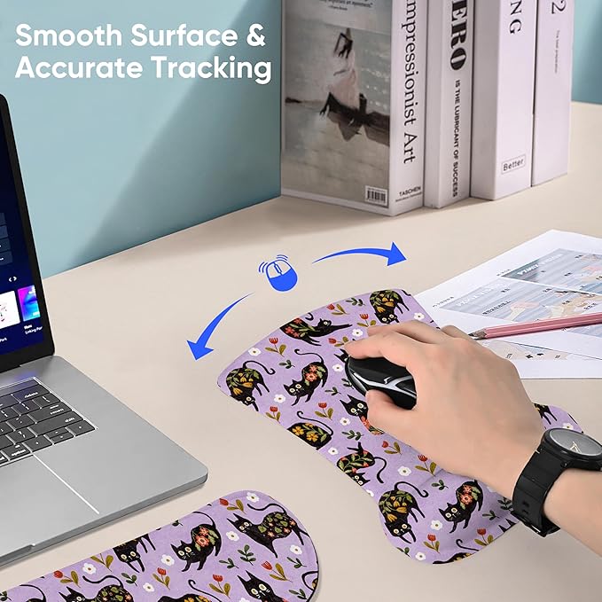 RICHEN Mouse Pad and Keyboard Wrist Rest, 3-in-1 Computer Mousepad and Coaster Set, Non-Slip Keyboard Wrist Rest and Mouse Pad Set Ergonomic Design (Flower Cats)