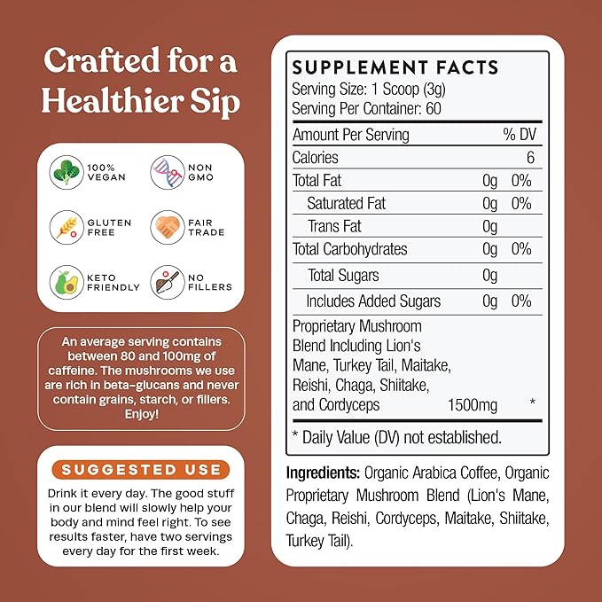 Pella Nutrition Organic Mushroom Coffee – Lions Mane, Reishi, Chaga, Cordyceps, Shiitake, Maitake & Turkey Tail – Superfood Instant Mushroom Coffee Blend for Focus & Energy (Regular Caffeine, 60 Cups)