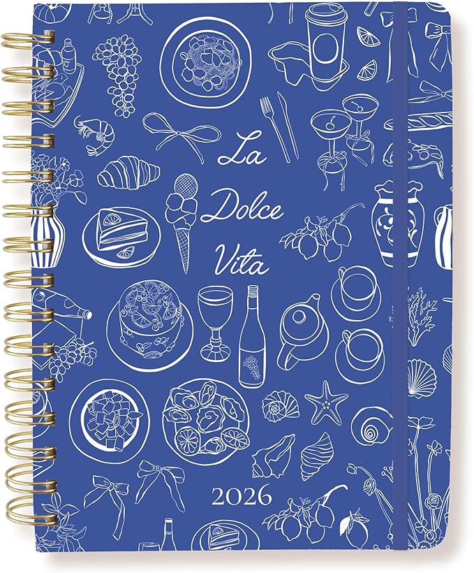 18 Month Planner/Calendar by Graphique, July 2025 – Dec. 2026 La Dolce Vita Hardbound Spiral Planner, Monthly Tabs, Holidays, Reminder Stickers, 6” x 8”