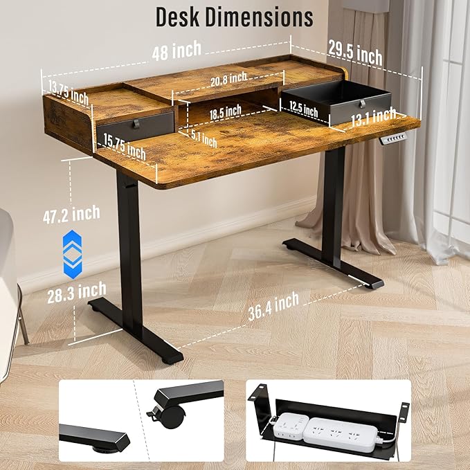 Kingant 48" x 30" Standing Desk with Drawers, Large Desktop, Ergonomic Sit Stand Desk for Home Office Work, Cable Management, 3 Preset Heights & 2 Hooks, Rustic Brown