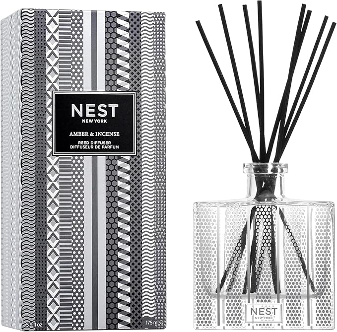 NEST New York Reed Diffuser, Amber & Incense - 5.9 fl oz - Fragrance for Up to 90 Days - Reusable, Refillable Glass Holder - Includes 8 All-Natural Reed Sticks - Flame Free