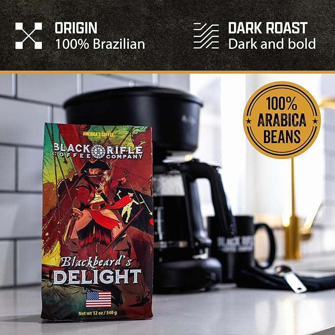 Black Rifle Coffee Company Blackbeard's Delight, 12oz Bag, Ground Coffee Dark Roast - Roasted Blend Made from Arabica Beans - Colombian & Brazilian Beans - Veteran Founded & American Made