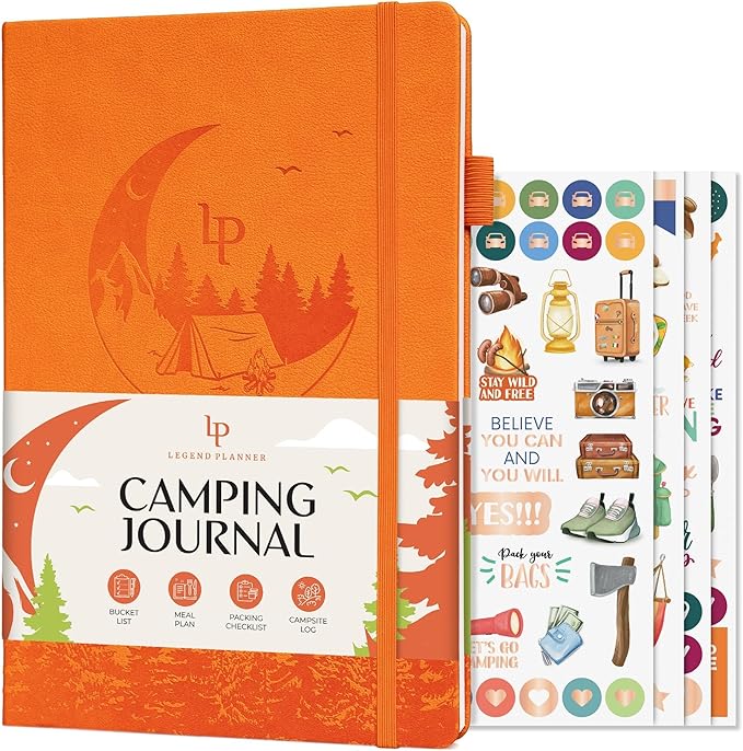 Legend Camping Journal – Hardcover Camper & RV Trip Planner – Notebook to Plan Travel & Camp Adventures with Packing Checklist, Meal Plan & Camping Bucket List – 30 Trips, 7" x 10" (Orange)