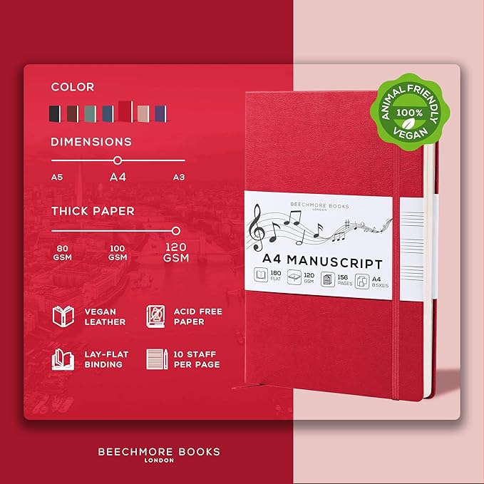 BEECHMORE BOOKS Blank Sheet Music Notebook – A4 8.5x11.5 for Songwriters, Musicians & Composers, 156 Thick 120gsm Pages, 10-Staff Perforated Sheets, Vegan Leather Hardcover, Elastic Closure, Gift Box