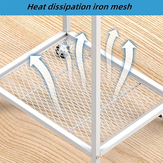 Computer Tower Stand, Adjustable PC Tower Stand CPU Holder Cart with Charge Station and USB Charging Port, 2 Tier Printer Stand with Wood Storage Drawer for Home Office Fax, White