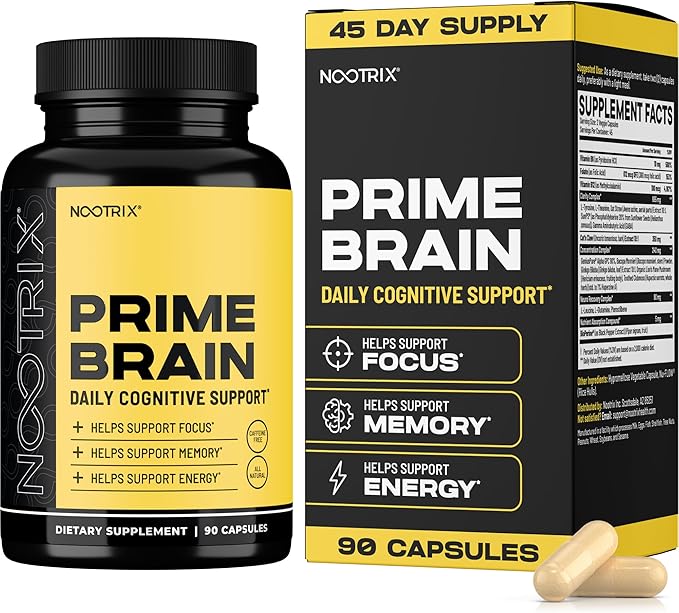Prime Brain Nootropic Supplement | Supports Memory, Mental Focus, Cognitive Health & Energy | Promotes Healthy Mood & Brain Function | Ginkgo Biloba, Lion's Mane & L Theanine | 90 Capsules