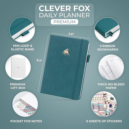 Clever Fox Planner Daily Premium – Undated Daily Planner with Hourly Schedule, Personal Organizer, Productivity Journal, 6 Months (Dark Teal)