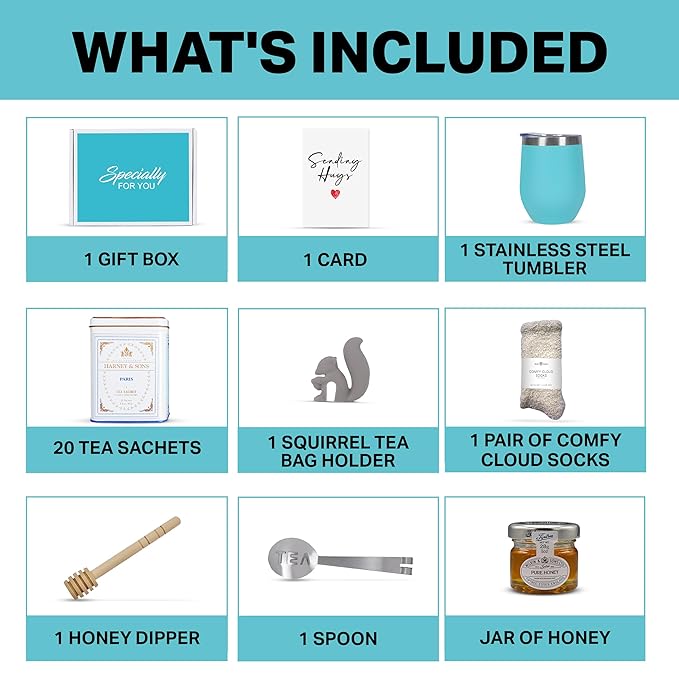 Tea Gift Set for Women – Thoughtful Get Well Gift Box with Cozy Socks, Stainless Tumbler, 20 Teaa Sachets, Honey Jar & Sending Hugs Card (Paris Tea - Cloud Socks)