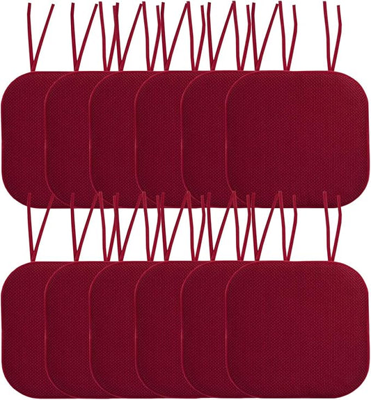 Sweet Home Collection Chair Cushion Memory Foam Pads with Ties Honeycomb Pattern Slip Non Skid Rubber Back Rounded Square 16" x 16" Seat Cover, 12 Pack, Wine Burgundy 12 Pack