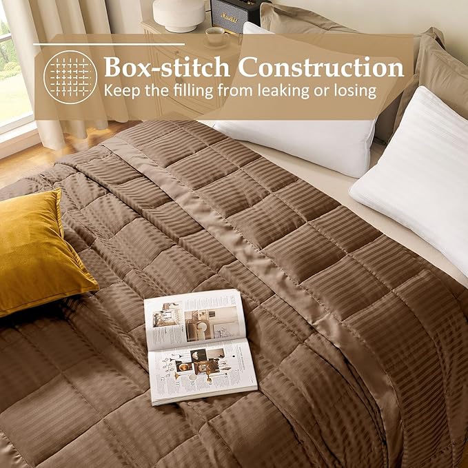 downluxe Twin Blanket with Satin Trim, Lightweight Down Alternative Blanket Twin Size for All Season, Machine Washable (Brown, 66 X 90 Inch)
